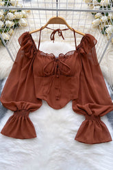 Chemisier court en mousseline de soie à volants et taille élastique, dos nu, slim, pour femme